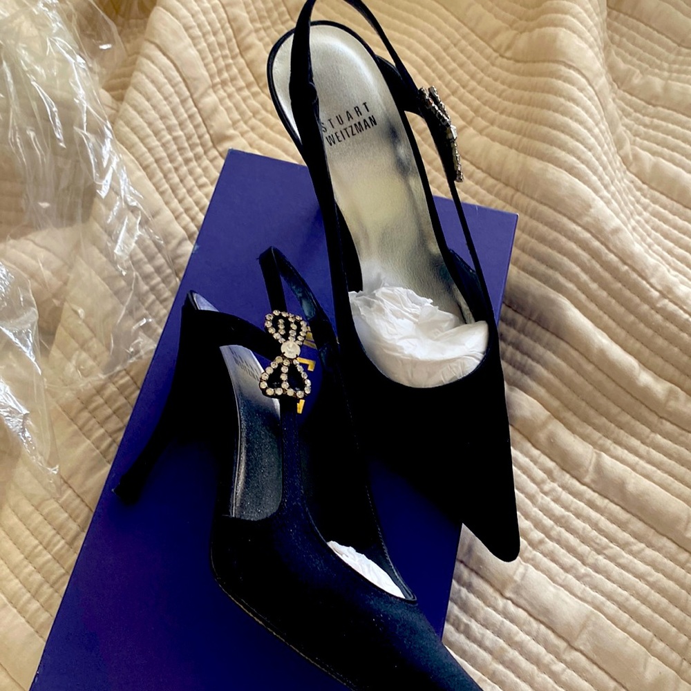 Stuart weitzman black satin sling back heels